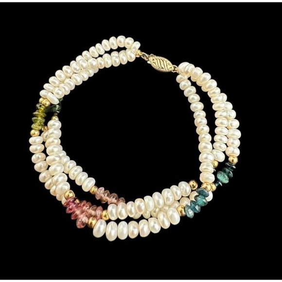 14k Three Strand Freshwater Pearl Multi gemstone Beaded Bracelet 7.5 Inches - Picture 4 of 8